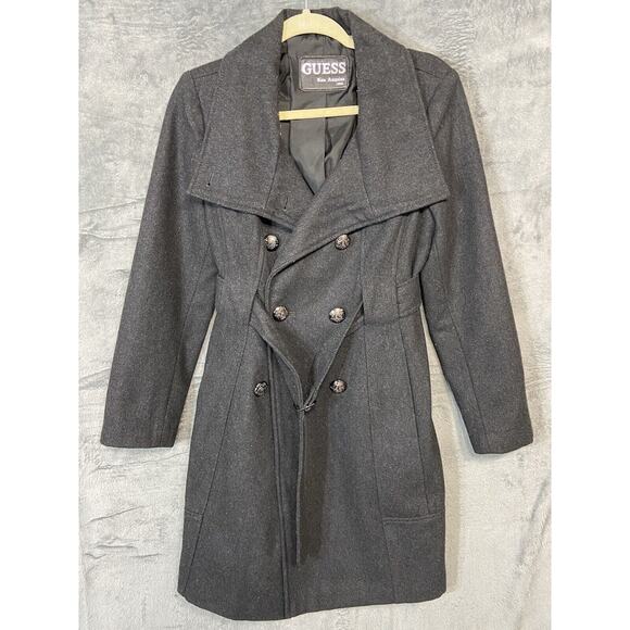 Guess Womens Black Wool Button Down Academia Pea Coat Jacket Y2K Belted Sz Sm - Picture 1 of 11